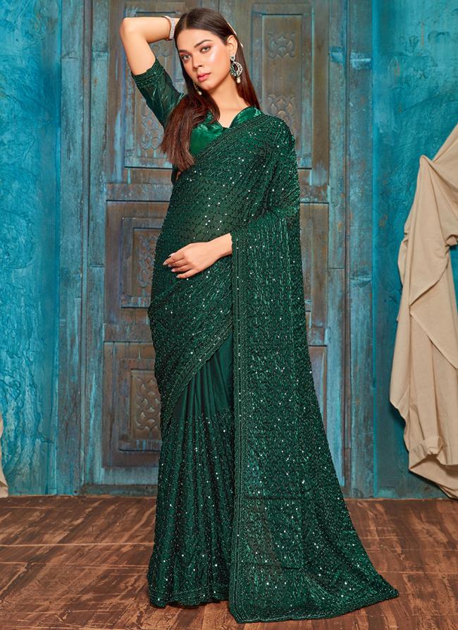 Pure Silk Bottle Green Wedding Wear Sequinned Saree